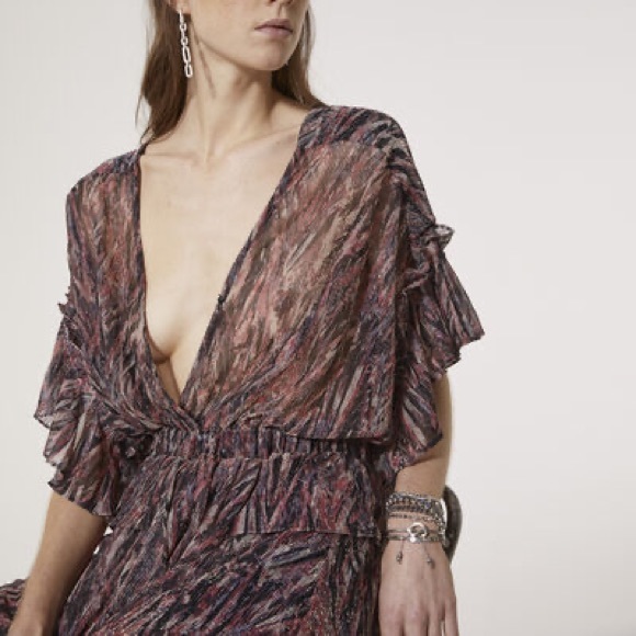 IRO NWT Buoux Metallic Print Ruffle V Neck Mini A Line Dress Black Fushia 38 New - Picture 11 of 11